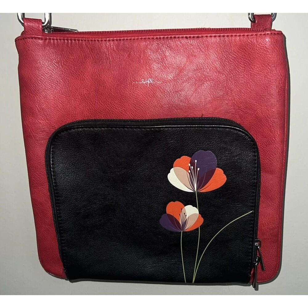 Espe Purse Red Black Vegan-Leather Flower Messenger  Crossbody Bag